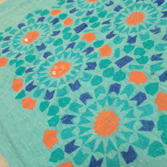 JCP Turquoise Short Sleeve 100% Linen Womens Top Geometric Floral Print Size M - Picture 7 of 9